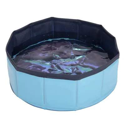 Piscina pieghevole rotonda in plastica azzurra riempita d'acqua, bordo rinforzato scuro, senza marchi o testo visibili.