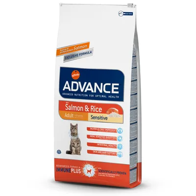 Advance Salmon & Rice Adult Sensitive kattefoder. Tekst: Salmon as first ingredient, ideal sensitive digestion, intestinal health, skin and hair support, IMMUNEPLUS, scientifically proven.