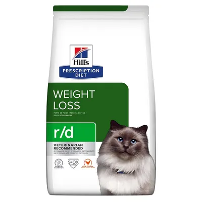 Hill's Prescription Diet WEIGHT LOSS r/d per gatti, raccomandato dai veterinari. Simboli: nutrizione clinica, S+OX Shield, Human Grade.