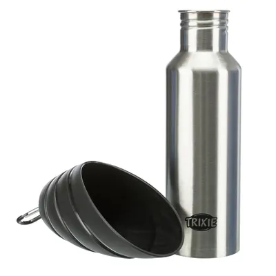 Trixie stainless steel drinking bottle with black foldable silicone bowl and carabiner.