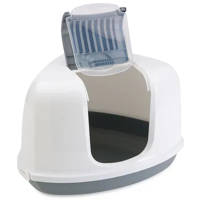 Kattenbak van wit en grijs plastic met transparant klapdeurtje aan de voorkant, afgeronde hoeken en verhoogde achterkant. Geen merknaam of extra tekst zichtbaar.