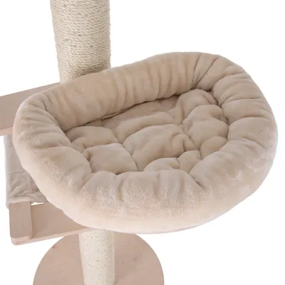 Beige, padded cat bed on a scratching post with sisal-wrapped trunk and wooden platform.
