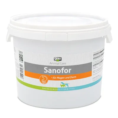 grau Animal Care Sanofor Ergänzungsfuttermittel für Magen und Darm, weisser Eimer mit Produktinformationen auf Etikett.