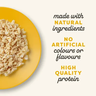 Product made with natural ingredients, no artificial colours or flavours, and contains high quality protein. Image shows shredded food on a yellow plate.