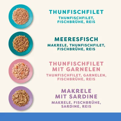 Produktbeschreibung mit vier Sorten: Thunfischfilet (Thunfischfilet, Fischbrühe, Reis), Meeresfisch (Makrele, Thunfischfilet, Fischbrühe, Reis), Thunfischfilet mit Garnelen, Makrele mit Sardine.