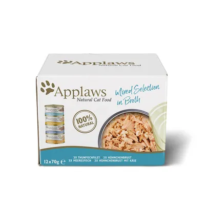 Applaws Natural Cat Food, sekavalikoima liemessä, 100 % luonnollinen. Sisältö: 12x70g, 3x tonnikalafileetä, 3x kananrintaa, 3x merikalaa, 3x kananrintaa juustolla.
