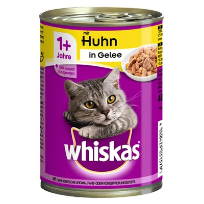 Conservă Whiskas pentru pisici, 1+ Jahre, mit Huhn in Gelee, imagine cu o pisică gri și bucăți de carne în jeleu. Text suplimentar: 100% komplett & ausgewogen.