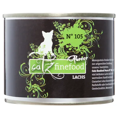 catz finefood Purrrr N° 105 LACHS -kissanruokapurkki, vihreä ja musta etiketti, näkyvissä kissasiluetti ja koristekuvioita