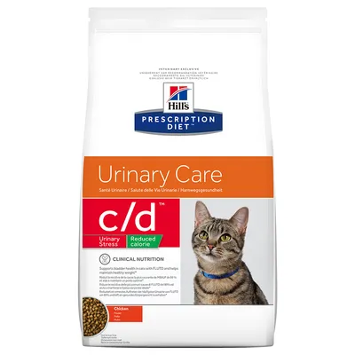 Hill's Prescription Diet c/d Urinary Care Katzenfutter mit reduziertem Kaloriengehalt, unterstützt die Harnwegsgesundheit. Geschmacksrichtung: Huhn.