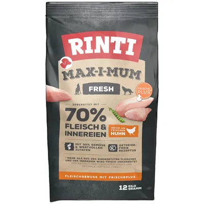 Rinti Max-i-Mum Fresh Hundefutter, zubereitet mit 70% Fleisch und Innereien, reich an frischem Huhn, getreidefreie Rezeptur, 12kg Packung.