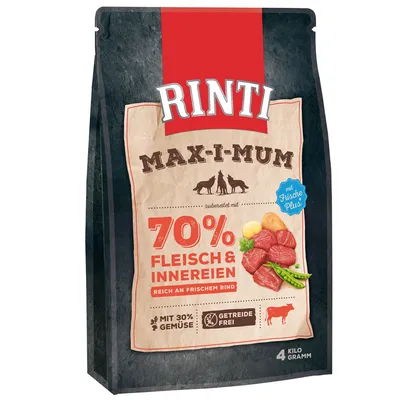 RINTI MAX-I-MUM 70 % Fleisch & Innereien, reich an frischem Rind, mit 30 % Gemüse, getreidefrei, 4 Kilogramm. Tekst på tysk.