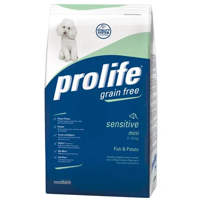 Sacco di crocchette per cani Prolife grain free sensitive mini 1–10 kg, Fish & Potato. Testo visibile: pesce fresco, patate, yucca schidigera, NuPro, Bio-Mos, Sel-Plex. Marchio Zoodiaco.