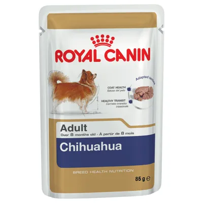 Pouch labelled for adult Chihuahua over 8 months, highlights coat health, healthy transit, and adapted texture. Net weight 85g.