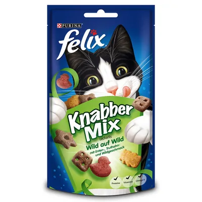 Purina felix Knabber Mix Wild auf Wild, pakiranje grickalica za mačke s ilustracijom crno-bijele mačke i oblicima poslastica. Tekst na njemačkom jeziku.