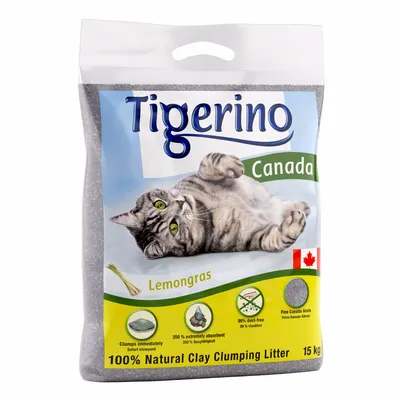 Sac de litière pour chat Tigerino Canada Lemongras, 100 % argile naturelle agglomérante, 15 kg, drapeau canadien, pictogrammes absorption 350 %, sans poussière 99 %, grain fin.