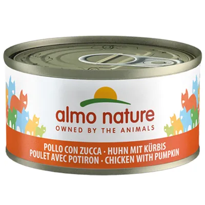 Almo Nature blik, kip met pompoen. Tekst: Owned by the Animals. Meertalige opdruk: Pollo con Zucca, Poulet avec Potiron, Chicken with Pumpkin.