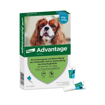 Elanco Advantage 100 mg. Lösung zur Vorbeugung und Behandlung von Floh- und Haarlingbefall bei Hunden mit 4 bis 10 kg Körpergewicht. Packung enthält 4 x 1,0 ml Pipetten.