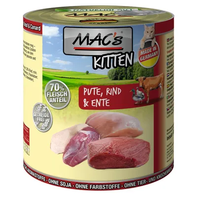 Conservă MAC's Kitten, 70% Fleischanteil, Getreidefrei, Pute, Rind & Ente. Made in Germany. Fără soia, coloranți sau arome. Imagine cu bucăți de carne și animale pe ambalaj.