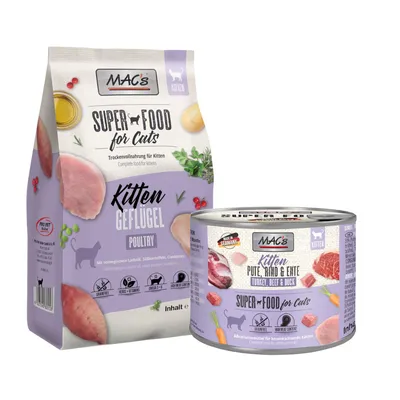 MAC's Superfood for Cats Kitten torrfoder och våtfoder med norsk lax, sötpotatis, tranbär. Utan spannmål, utan socker, tillverkat i Tyskland.
