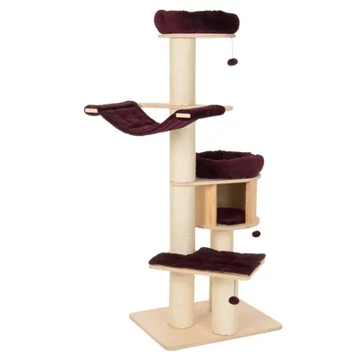 Krabpaal met meerdere niveaus, sisalpalen, houten plateaus, twee pluche ligplaatsen in bordeauxrood, hangmat, speelballen en een open kattenhuisje. Materialen: hout, stof, sisal.