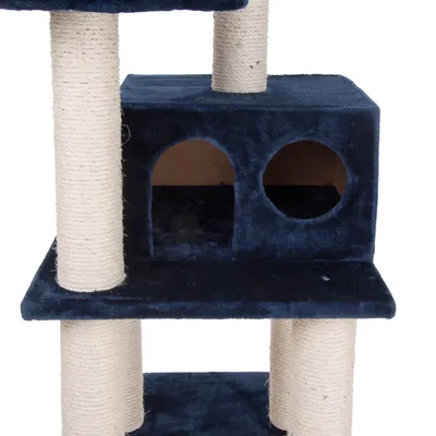 Krabpaal met sisalpalen en donkerblauwe pluche bekleding, inclusief huisje met twee ronde ingangen.