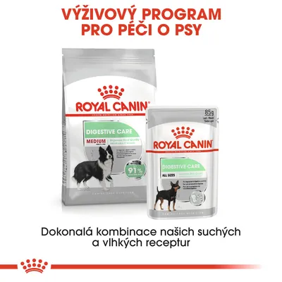ROYAL CANIN Digestive Care Medium a All Sizes, suché a vlhké krmivo pro psy. Text: Výživový program pro péči o psy. Dokonalá kombinace našich suchých a vlhkých receptur.