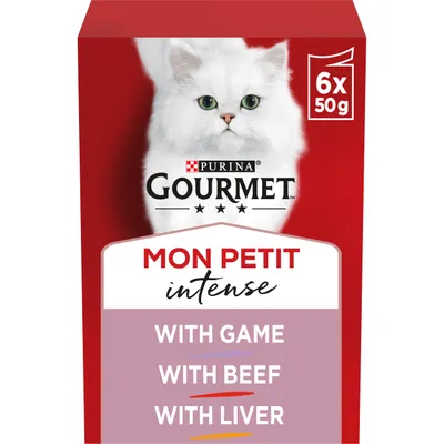 Gourmet Mon Petit Intense, 6 x 50g packs with game, beef and liver varieties.