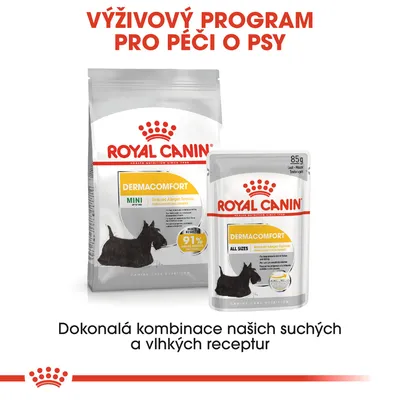 Royal Canin Dermacomfort MINI a ALL SIZES, suché i vlhké krmivo pro psy. Nápis: Výživový program pro péči o psy. 91 % spokojených majitelů. Balení 85 g.