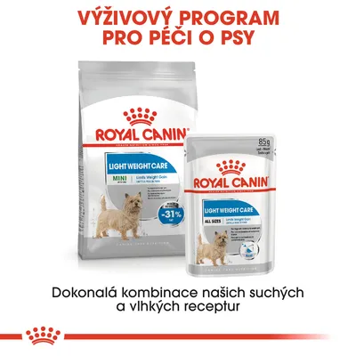 ROYAL CANIN LIGHT WEIGHT CARE MINI a ALL SIZES, balení suchého a vlhkého krmiva pro psy, nápis: Výživový program pro péči o psy, 85 g, -31 % tuků, dokonalá kombinace receptur.