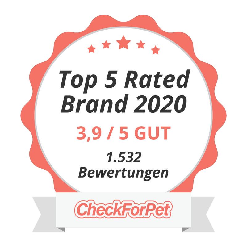 Top 5 Rated Brand 2020, 3,9 / 5 GUT, 1.532 Bewertungen, CheckForPet (κείμενο στα αγγλικά και γερμανικά)