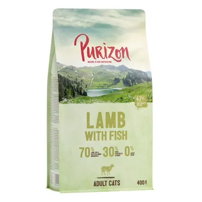 Purizon Lamb with Fish, 70 % ingrédients animaux, 30 % fruits/légumes/herbes, 0 % céréales, 42 % protéines, pour chats adultes, sachet de 400 g. Texte en anglais sur l’emballage.