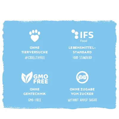 Ohne Tierversuche, IFS Lebensmittel-Standard, ohne Gentechnik, ohne Zugabe von Zucker. #crueltyfree, food standard, GMO-free, without added sugar.
