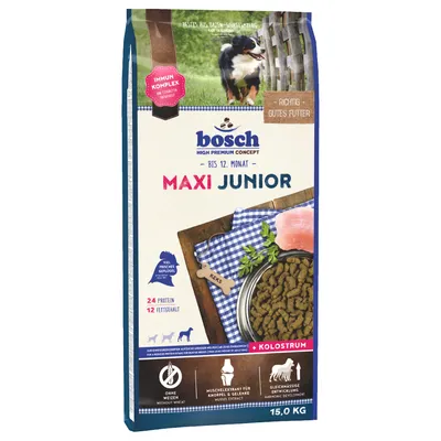 Bosch Maxi Junior hasta 12 meses, High Premium Concept, 15kg. Mucho pollo fresco, sin trigo, calostro, 24% proteína, 12% grasa, apoya músculos, articulaciones y desarrollo uniforme.