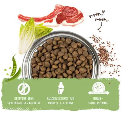 Trockenfutter mit Fleisch, Erbsen, Chicorée und Leinsamen. Hinweise: Rezeptur ohne glutenhaltiges Getreide, Muschelextrakt für Knorpel & Gelenke, Immunstimulierung.