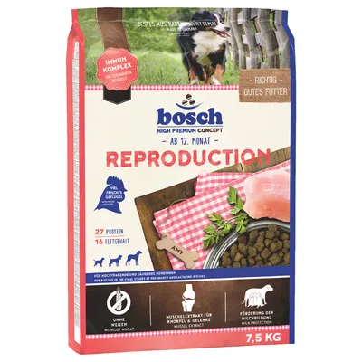 Bosch High Premium Concept Reproduction, desde 12 meses, 7,5 kg. Mucho pollo fresco, sin trigo, extracto de mejillón para las articulaciones, favorece la producción de leche. Para perras gestantes y lactantes.