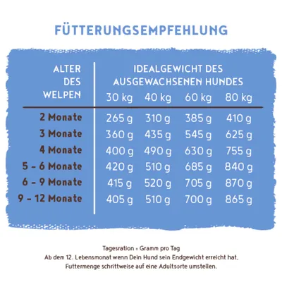 Fütterungsempfehlung für Welpen nach Alter und Idealgewicht des ausgewachsenen Hundes, Tagesration in Gramm pro Tag von 2 bis 12 Monate für 30-80 kg. Fütterungsempfehlung für Welpen nach Alter und Idealgewicht des ausgewachsenen Hundes, Tagesration in Gramm pro Tag von 2 bis 12 Monate für 30-80 kg.