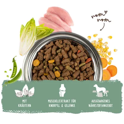 Trockenfutter mit Erbsen, Karotten, Mais, Fleisch und Kräutern. Mit Kräutern, Muschelextrakt für Knorpel & Gelenke, ausgewogenes Nährstoffangebot. Trockenfutter mit Erbsen, Karotten, Mais, Fleisch und Kräutern. Mit Kräutern, Muschelextrakt für Knorpel & Gelenke, ausgewogenes Nährstoffangebot.
