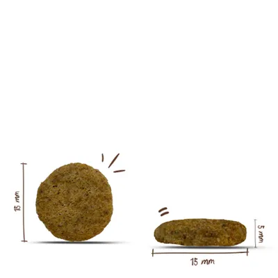 Rundes Trockenfutterstück mit Durchmesser 15 mm und Höhe 5 mm, Maße seitlich und frontal dargestellt. Rundes Trockenfutterstück mit Durchmesser 15 mm und Höhe 5 mm, Maße seitlich und frontal dargestellt.