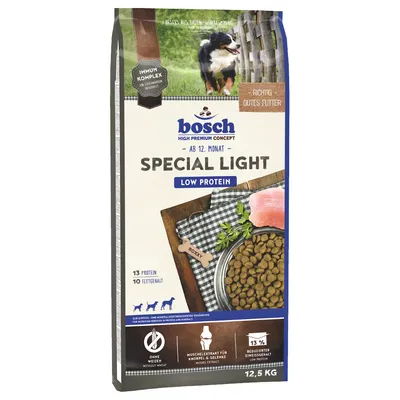Bosch Special Light koiranruoka 12 kuukaudesta alkaen, vähän proteiinia, ilman vehnää, simpukkauutetta nivelille, 13 % vähennetty energiapitoisuus, 12,5 kg pakkaus.