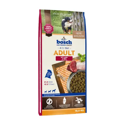 bosch ADULT mit Lamm & Reis, croquettes pour chien adulte dès 12 mois, 21,5 % protéines, 10,5 % matières grasses, sac de 15 kg. Texte en allemand visible sur l'emballage.