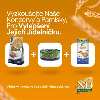N&D Ancestral Grain suché krmivo, N&D Prime Lamb & Blueberry mokré krmivo a N&D Adult Cream. Vedecky vyvinuté na spoločné používanie. N&D Ancestral Grain suché krmivo, N&D Prime Lamb & Blueberry mokré krmivo a N&D Adult Cream. Vedecky vyvinuté na spoločné používanie.
