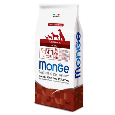 Monge Natural Superpremium alimento para perros, cordero, arroz y patatas, para todas las razas, adulto, hecho en Italia, ingrediente principal cordero, paquete de 12 kg.