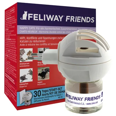 Feliway Friends стартов комплект с дифузер за контакт и флакон, 48 мл. Помага за намаляване на конфликти и напрежение между котки. За хармонично съжителство на котки у дома.