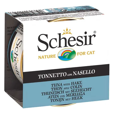 Консерва за котки Schesir Nature for Cat, Tonnetto con Nasello, риба тон с хек. Видими надписи на английски, френски, немски, испански и нидерландски.