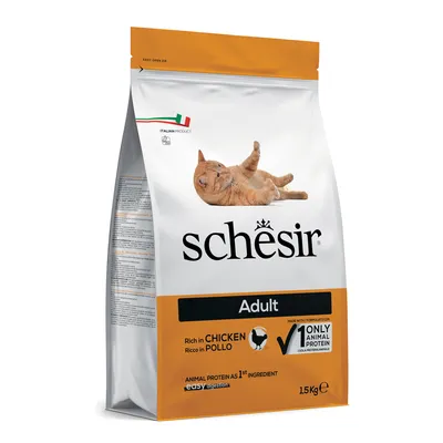 Schesir Adult comida para gatos, rico en pollo, 1,5 kg. Proteína animal como primer ingrediente, fácil de digerir. Producto italiano con garantía de calidad.