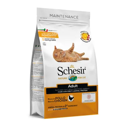 Schesir Nature for Cat Adult, bohaté na kuře, s přírodními ingrediencemi, bez konzervantů a barviv, živočišné bílkoviny jako první složka, snadno stravitelné.