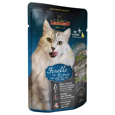 Leonardo Cat Food Forelle & Catnip, trota e catnip, con olio di salmone. Ricetta senza cereali, senza zucchero aggiunto, alto contenuto di carne e frattaglie. Peso 85 g.