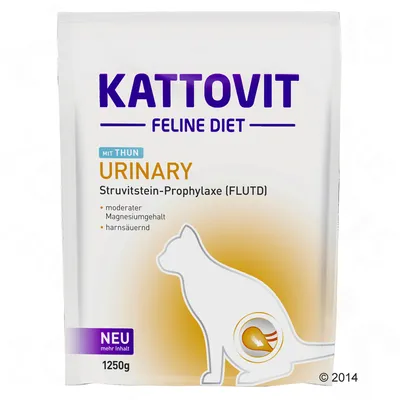 Kattovit Feline Diet Urinary mit Thun, Struvitstein-Prophylaxe (FLUTD), moderater Magnesiumgehalt, harnverzurende werking, 1250g. Tekst deels in het Duits.