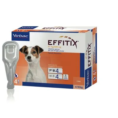 Virbac EFFITIX 67 mg/600 mg soluzione spot-on per cani di taglia piccola 4–10 kg, confezione da 4 pipette. Immagini di zecche, pulci, flebotomi e zanzare visibili sulla scatola.