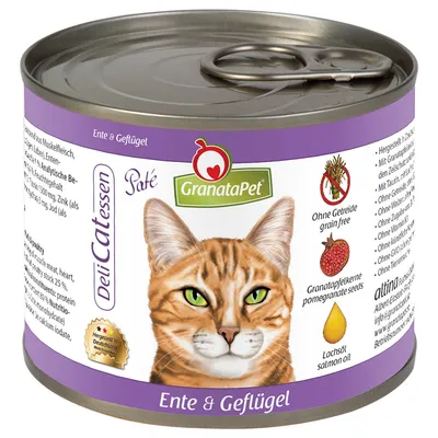 Konzerva GranataPet DeliCatessen Paté pre mačky, Ente & Geflügel. Bez obilnín, s granátovým jablkom a lososovým olejom. Obrázok mačky na etikete.